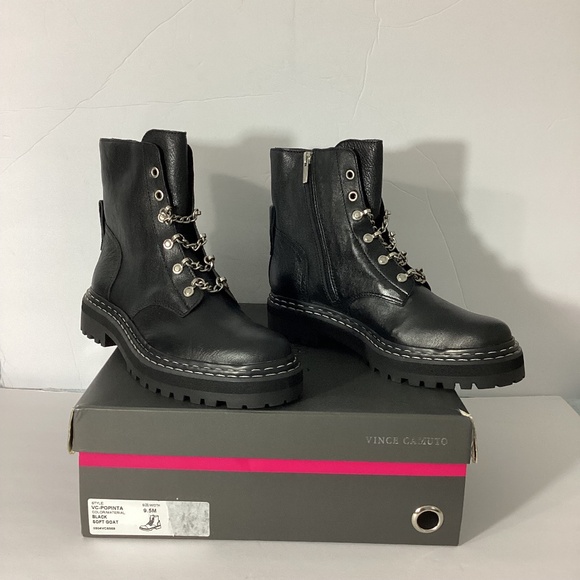 NW/BOX VINCE CAMUTO WOMAN 9.5M VC-POPINTA BLACK SOFT GOAT COMBAT ANKLE BOOTS - Picture 1 of 7